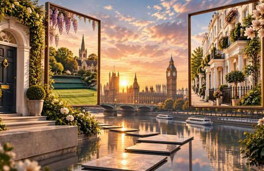 Surreal London property landscape combining Wimbledon greenery, Kensington and Chelsea architecture and the central London skyline.