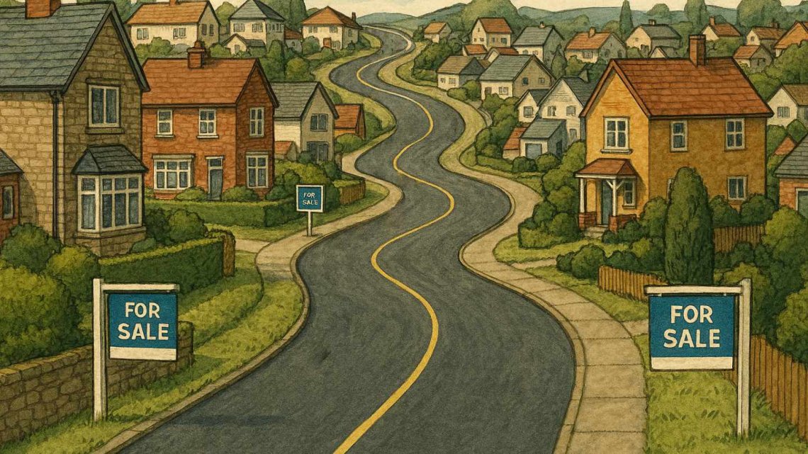 Illustration depicting a winding road with houses either side, some of which are for sale