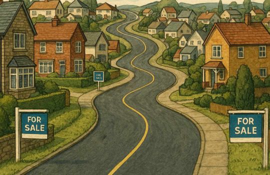 Illustration depicting a winding road with houses either side, some of which are for sale