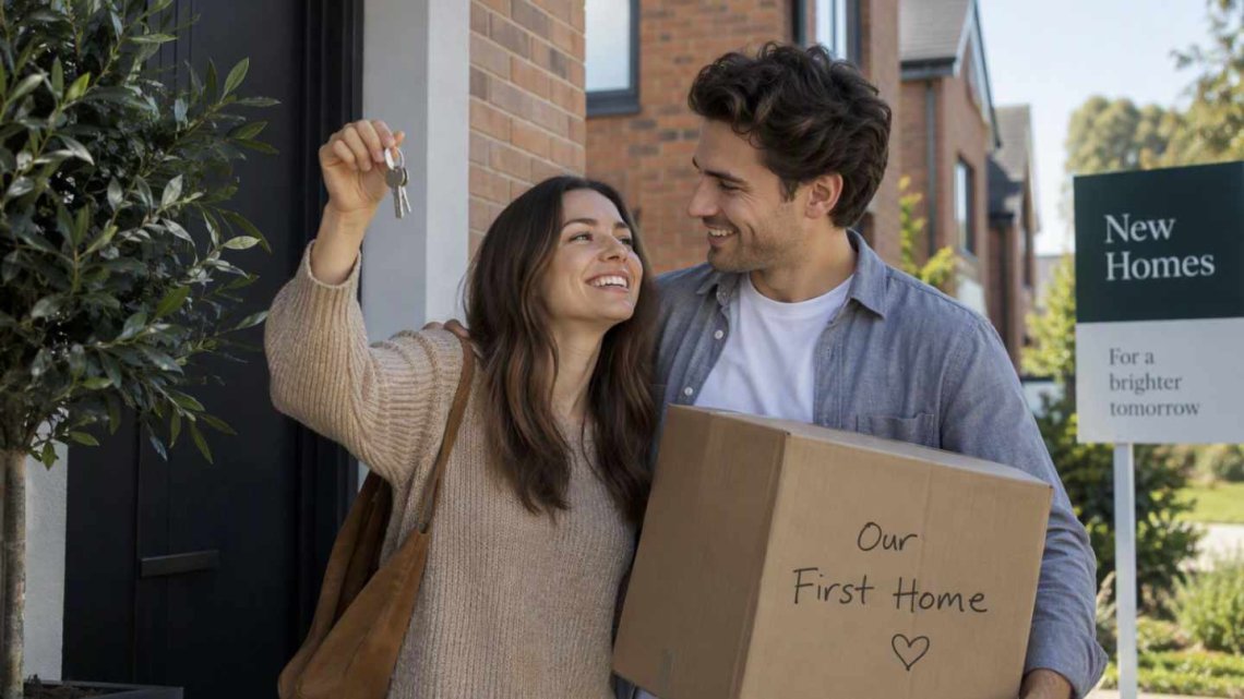 Two first-time buyers holding keys and a moving box outside a newly built home