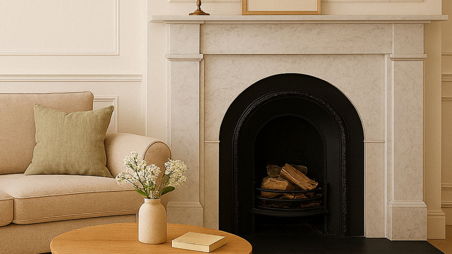 A cozy living room with a stone fireplace, a neutral sofa, a wooden coffee table, a plant and a book, creating a warm, inviting atmosphere.
