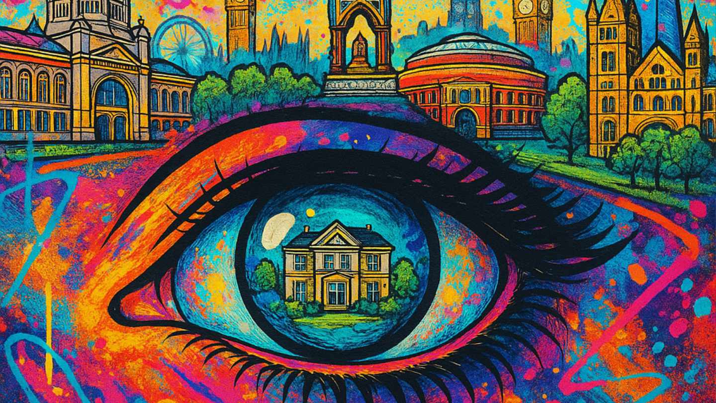 AI IMAGE OF AN EYE WITH A HOUSE AND LONDON LANDMARKS