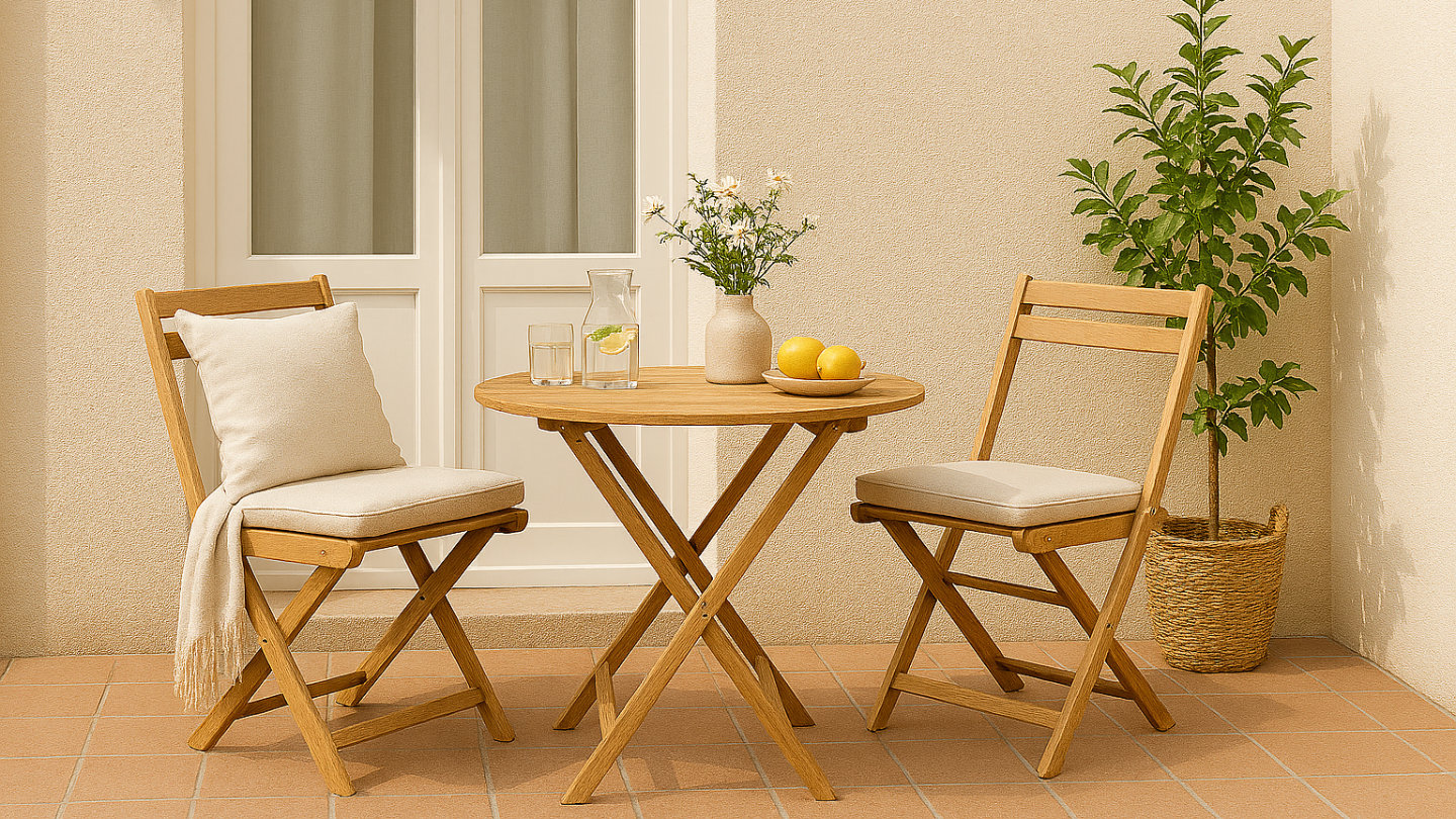 A serene outdoor patio with a small wooden table, two chairs, a pitcher of water, fresh lemons, and a potted plant, creating a peaceful, inviting space.