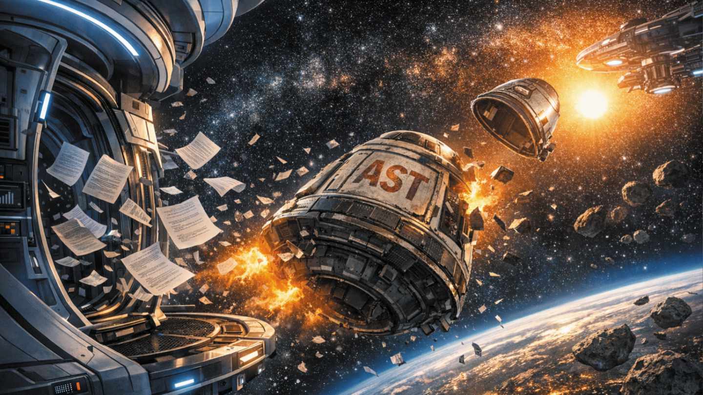 A damaged space capsule marked &ldquo;AST&rdquo; breaks away into space amid flying documents and debris, visually representing the end of assured shorthold tenancies and the transition to a simplified, evidence?based rental system.