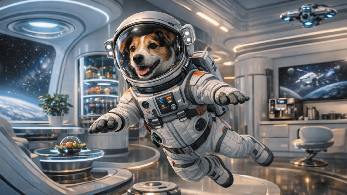 A dog in a spacesuit floats weightlessly inside a sleek, futuristic space?age home, surrounded by advanced appliances and curved metallic architecture, symbolising pet?friendly living in a new rental era.